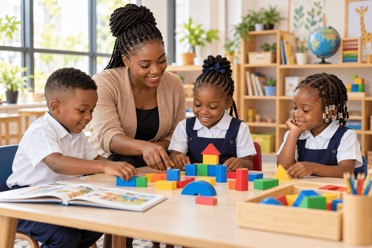 AI-generated scene of a Nigerian teacher and three young pupils learning with colourful blocks.