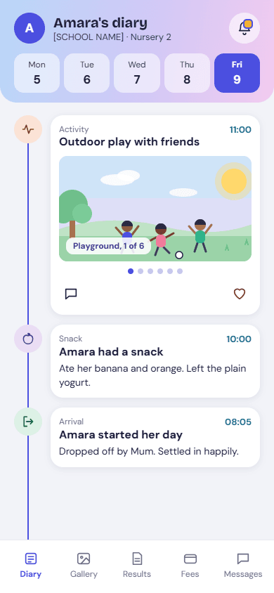 Illustrative parent diary with activity, meal and arrival updates.